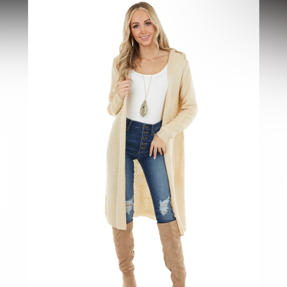 NWOT Cozy Casual Beige Textured Loose Knit Hooded Duster Cardigan